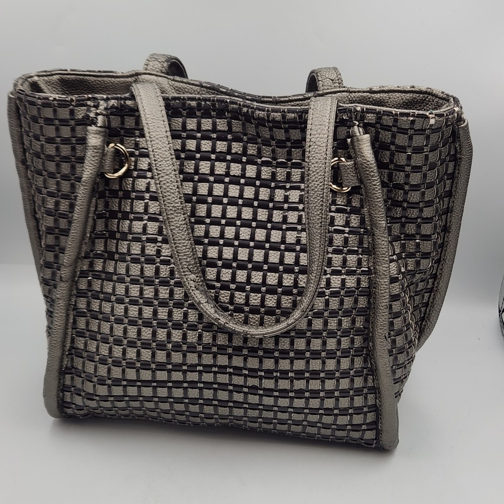 Clutch Woven Tote Bag Gray Faux Leather‎ Shoulder Bag Magnetic Snap Closure